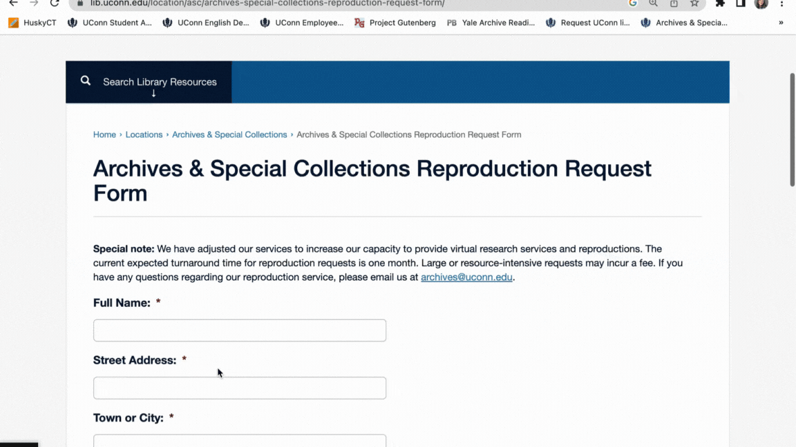 A GIF illustrating how to request reproductions (scans) of materials from UConn's Archives & Special Collections